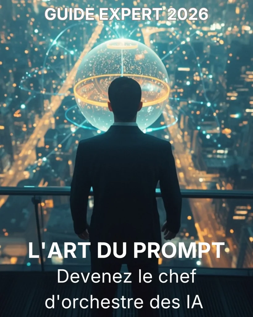 jeune entrepreneur qui regarde vers la ville du haut de son building avec le titre du e-book "guide expert 2026 - l'art du prompt - devenez le chef d'orchestre des ia