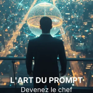 jeune entrepreneur qui regarde vers la ville du haut de son building avec le titre du e-book "guide expert 2026 - l'art du prompt - devenez le chef d'orchestre des ia