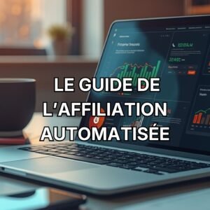 pc portable allumé avec un page d'un business en ligne d'affiliation avec comme titre "Le guide de l'affiliation automatisée"