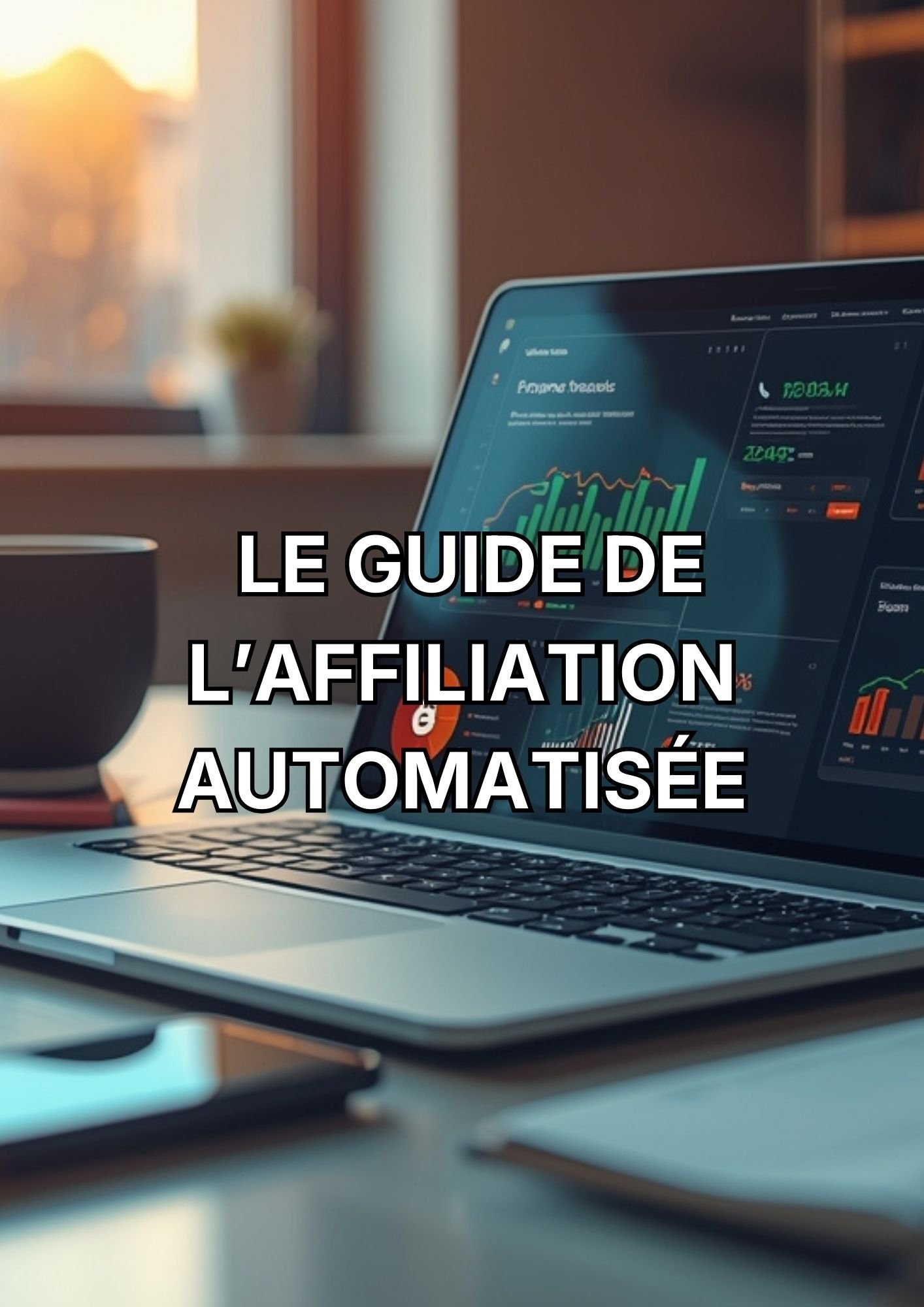 pc portable allumé avec un page d'un business en ligne d'affiliation avec comme titre "Le guide de l'affiliation automatisée"