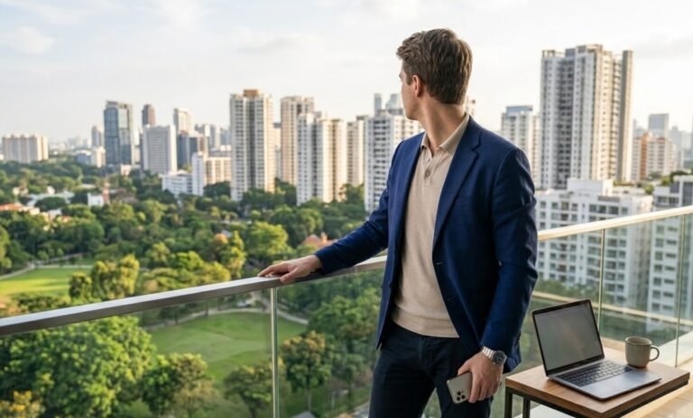 Jeune entrepreneur digital en blazer bleu observant au loin de son balcon une métropole au crépuscule, symbole de vision stratégique, de liberté financière et de réussite dans la vente de produits digitaux.